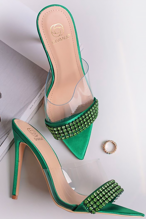 Eleganckie damskie klapki na obcasie z ozdobnymi kamieniami MARSELIKA GREEN, Kolor : zielony, IVET.PL - Modna odzież