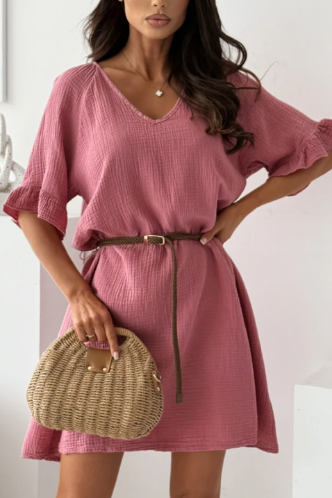 Zwiewna, bawełniana, krótka sukienka z paskiem AMELINTA PINK, Kolor : różowy, IVET.PL - Modna odzież
