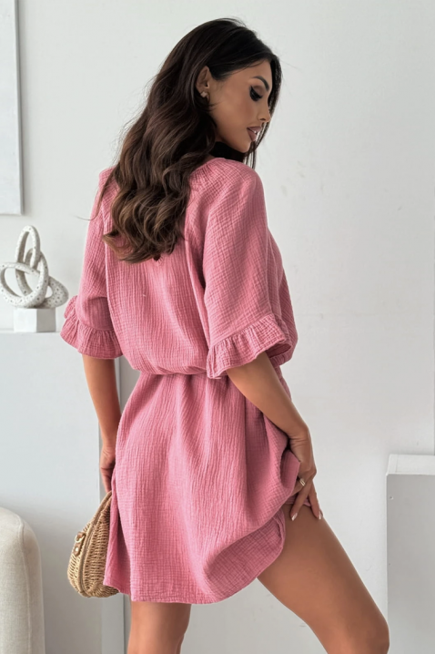 Zwiewna, bawełniana, krótka sukienka z paskiem AMELINTA PINK, Kolor : różowy, IVET.PL - Modna odzież
