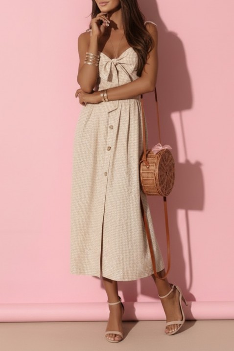 Sukienka midi w kratkę z wiązaniem z przodu i rozcięciem SIENIA BEIGE, Kolor :  beżowy, IVET.PL - Modna odzież