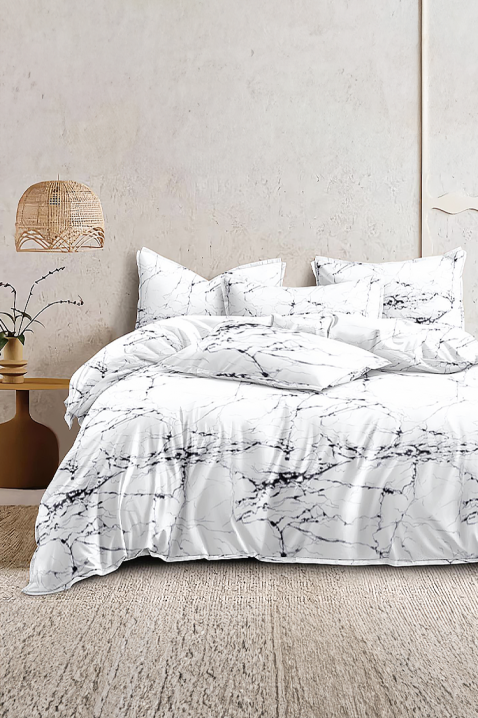 Stylowy, czteroczęściowy zestaw mebli do sypialni z efektem marmuru ROSALIANA 200x220 cm, Kolor : biały, IVET.PL - Modna odzież