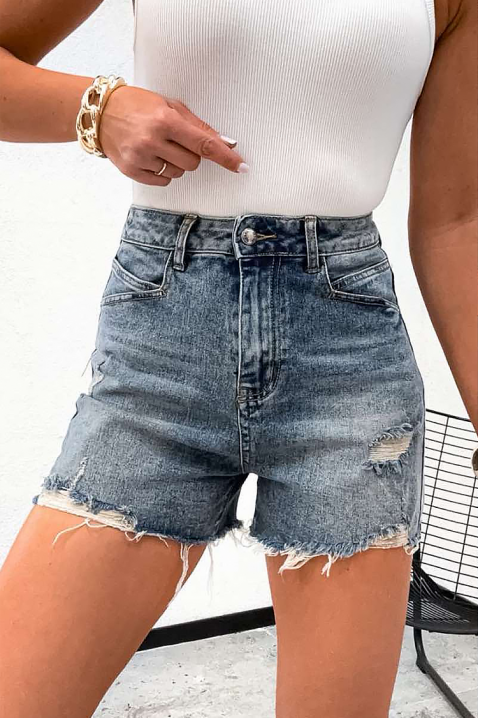 Damskie spodenki jeansowe z wysokim stanem i efektem przetarć JOLYNA, Kolor : denim, IVET.PL - Modna odzież