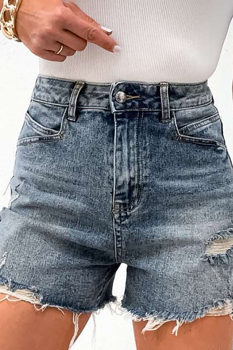 Damskie spodenki jeansowe z wysokim stanem i efektem przetarć JOLYNA, Kolor : denim, IVET.PL - Modna odzież