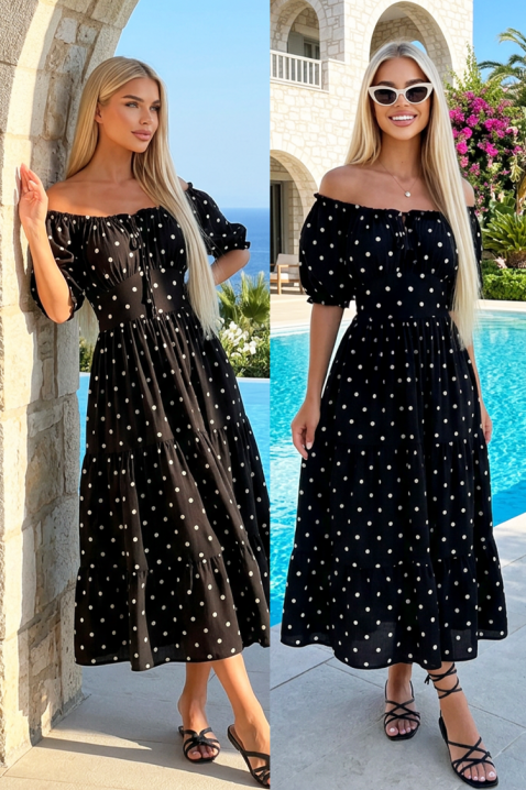 Zwiewna sukienka midi w niebieskie kropki i odkryte ramiona MARSYLIA BLACK, Kolor : czarny, IVET.PL - Modna odzież
