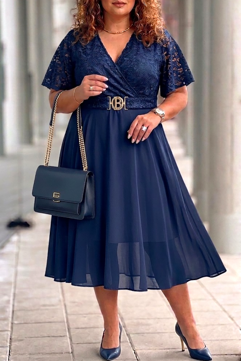 Elegancka sukienka midi z koronką i ozdobnym paskiem ZEZITA NAVY, Kolor : granatowy, IVET.PL - Modna odzież