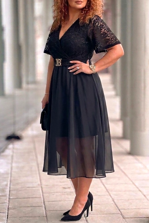 Elegancka sukienka midi z koronką i ozdobnym paskiem ZEZITA BLACK, Kolor : czarny, IVET.PL - Modna odzież