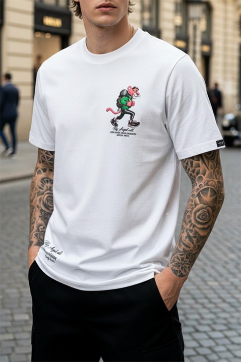Męska koszulka z nadrukiem graficznym i designerskimi nadrukami na plecach PARIERO WHITE, Kolor : biały, IVET.PL - Modna odzież