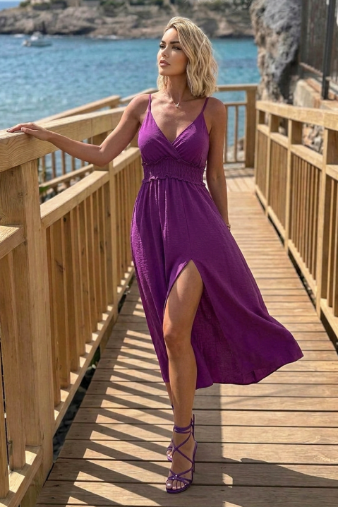 Letnia sukienka midi na cienkich ramiączkach i z gumką w talii TIMINA PURPLE, Kolor : fioletowy, IVET.PL - Modna odzież