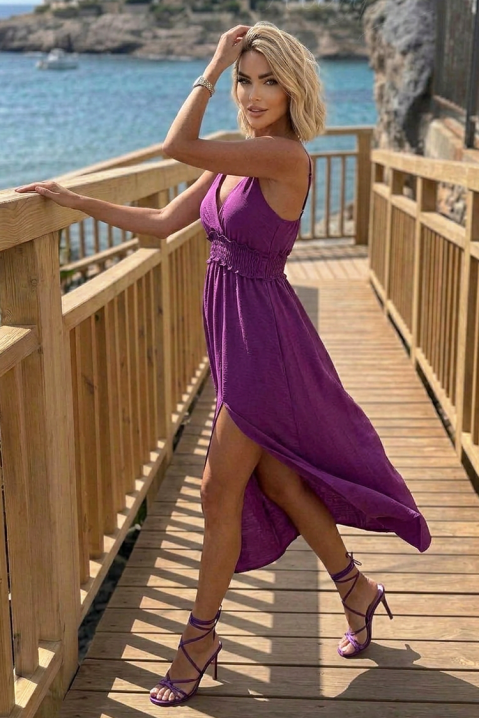 Letnia sukienka midi na cienkich ramiączkach i z gumką w talii TIMINA PURPLE, Kolor : fioletowy, IVET.PL - Modna odzież