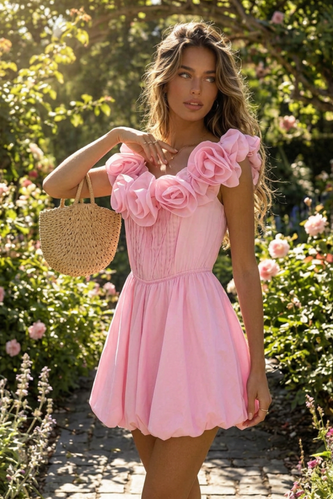 Urocza krótka sukienka balonowa z ozdobnymi kwiatami ROZINA PINK, Kolor : różowy, IVET.PL - Modna odzież