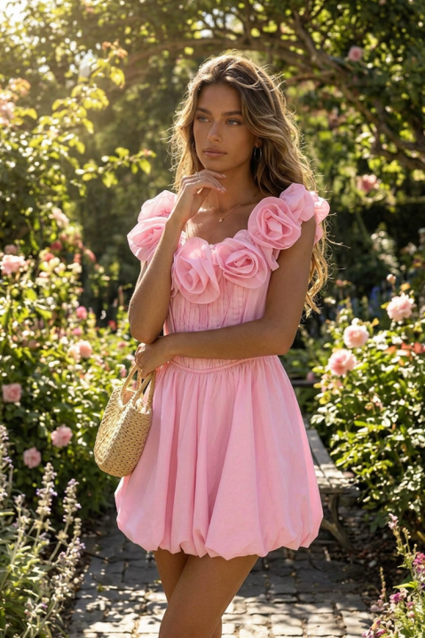 Urocza krótka sukienka balonowa z ozdobnymi kwiatami ROZINA PINK, Kolor : różowy, IVET.PL - Modna odzież