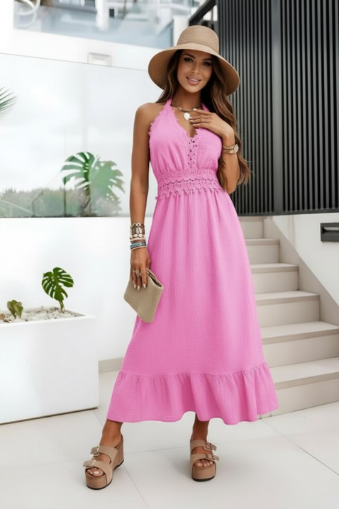 Letnia sukienka midi w stylu boho z koronkowym akcentem BRIVENA PINK, Kolor : różowy, IVET.PL - Modna odzież