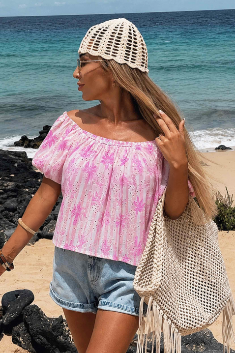 Luźna bluzka damska z kwiatowym nadrukiem i obszernymi rękawami SUNDAISY PINK, Kolor : różowy, IVET.PL - Modna odzież