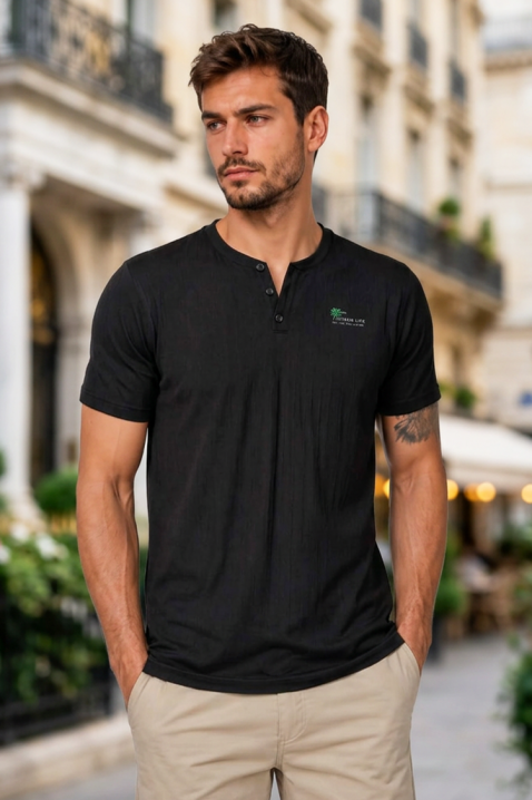 Męski T-shirt z guzikami i minimalistycznym wzorem NOIRON, Kolor : czarny, IVET.PL - Modna odzież