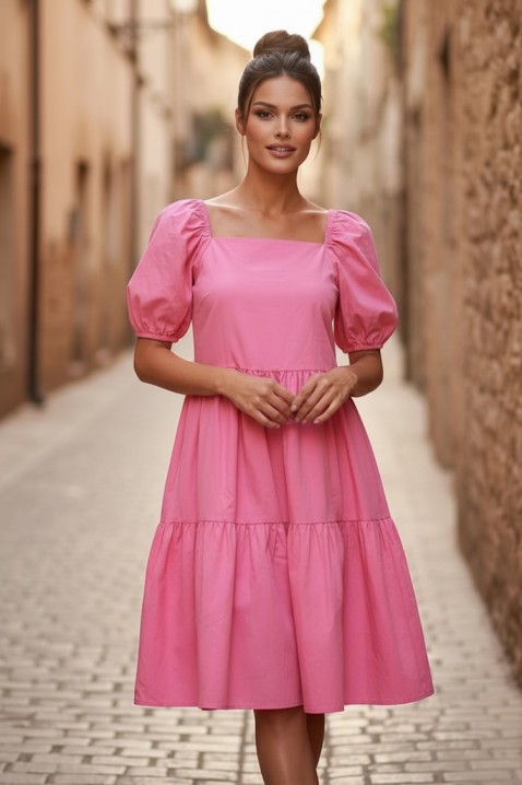 Rozkloszowana sukienka midi z kwadratowym dekoltem i obszernymi rękawami SELENASA PINK, Kolor : różowy, IVET.PL - Modna odzież