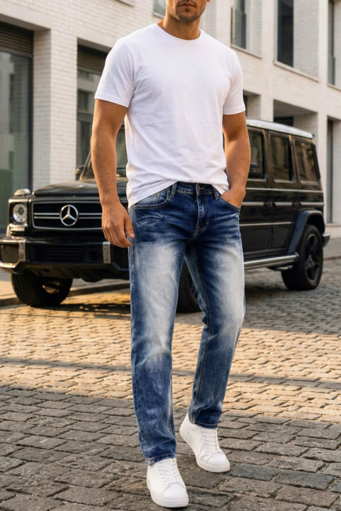 Jeansy męskie slim-fit z efektem vintage KARENTO, Kolor : chabrowy, IVET.PL - Modna odzież