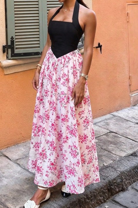 Długa sukienka z kwiatowym nadrukiem i dekoltem typu halter TESIONA PINK, Kolor : wielokolorowy, IVET.PL - Modna odzież
