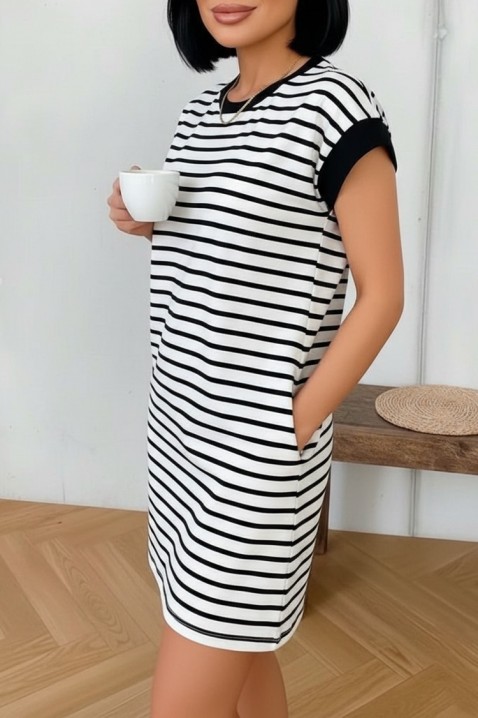 Krótka sukienka w paski, luźny krój i kieszenie SEZARINA, Kolor : czarny z białym, IVET.PL - Modna odzież