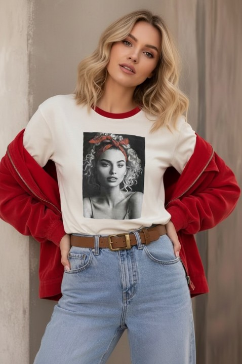 Damski T-shirt z artystycznym nadrukiem i kontrastową lamówką CARAMINA RED, Kolor : czerwony, IVET.PL - Modna odzież