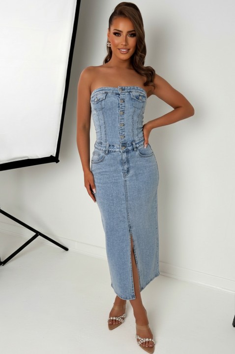 Stylowa sukienka midi z jeansu z perłowym akcentem i odkrytymi ramionami KAITHLYN, Kolor : denim, IVET.PL - Modna odzież