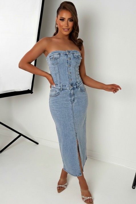 Stylowa sukienka midi z jeansu z perłowym akcentem i odkrytymi ramionami KAITHLYN, Kolor : denim, IVET.PL - Modna odzież