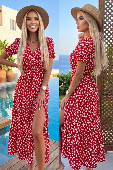 Sukienka midi w kwiaty z dekoltem w serek i rozcięciem KATRINSA RED, Kolor : czerwony, IVET.PL - Modna odzież