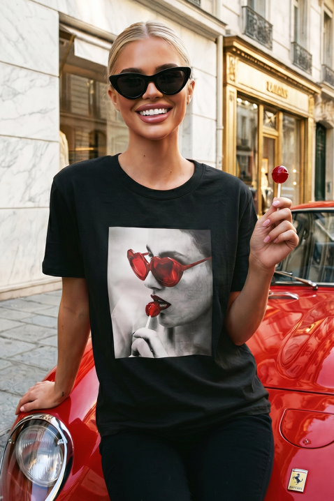 Damski T-shirt z eleganckim nadrukiem i okrągłym dekoltem BELISITA BLACK, Kolor : czarny, IVET.PL - Modna odzież