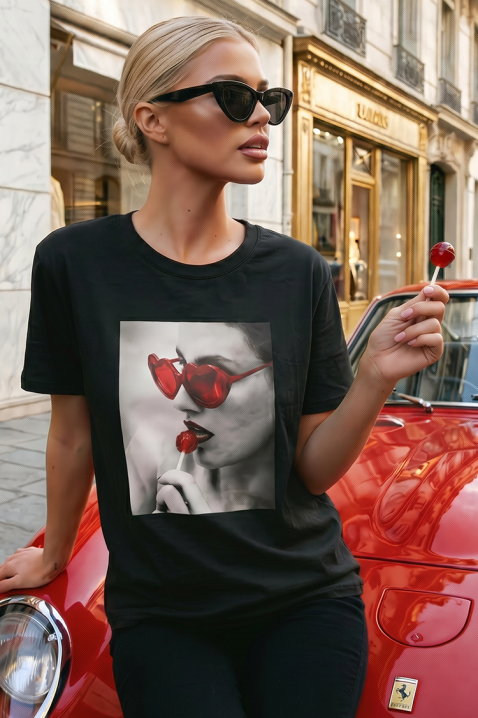 Damski T-shirt z eleganckim nadrukiem i okrągłym dekoltem BELISITA BLACK, Kolor : czarny, IVET.PL - Modna odzież