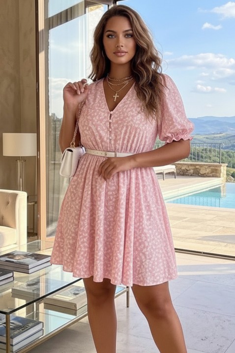 Luźna, kwiecista sukienka mini z krótkim rękawem DERENSA PINK, Kolor : różowy, IVET.PL - Modna odzież