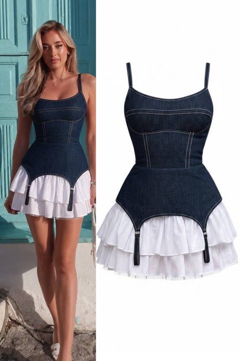 Krótka jeansowa sukienka z efektem gorsetu, wielowarstwowym dołem i ozdobnymi podwiązkami ARIETA, Kolor : denim, IVET.PL - Modna odzież