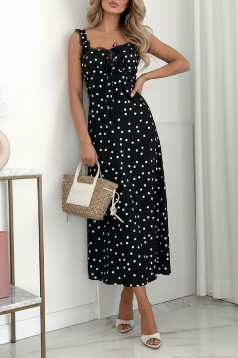Elegancka sukienka midi w groszki na koronkowych ramiączkach DELINSA BLACK, Kolor : czarny, IVET.PL - Modna odzież