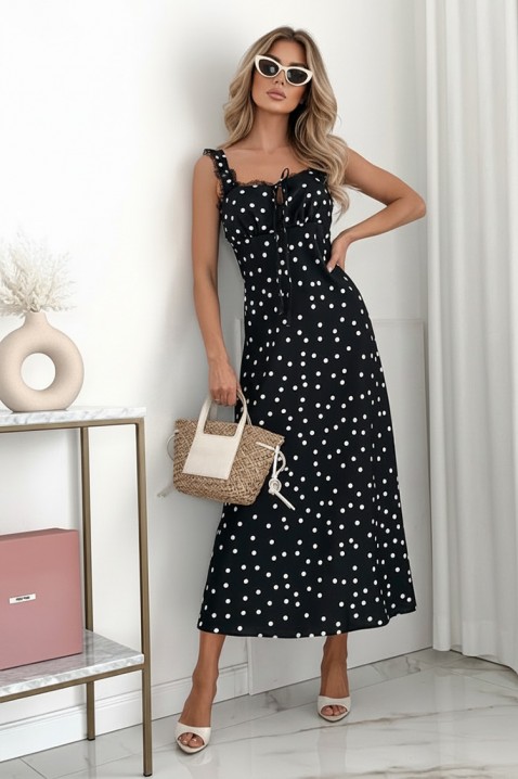 Elegancka sukienka midi w groszki na koronkowych ramiączkach DELINSA BLACK, Kolor : czarny, IVET.PL - Modna odzież