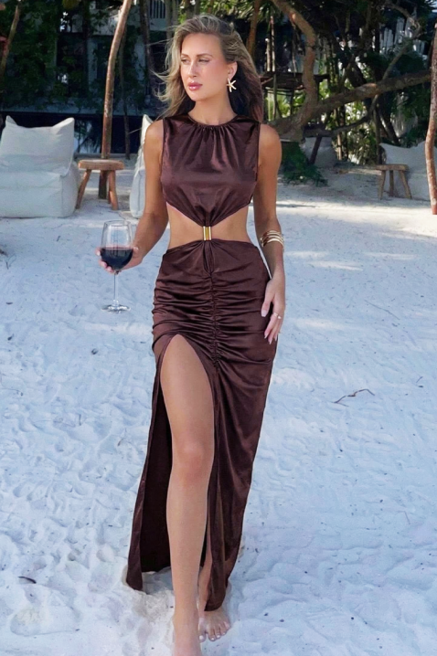 Dopasowana, długa suknia z wycięciami i rozcięciem BORIANIA BROWN, Kolor : brązowy, IVET.PL - Modna odzież
