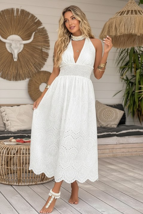 Sukienka midi z odkrytymi plecami i ażurowym haftem w stylu boho MELEKA WHITE, Kolor : biały, IVET.PL - Modna odzież