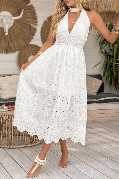 Sukienka midi z odkrytymi plecami i ażurowym haftem w stylu boho MELEKA WHITE, Kolor : biały, IVET.PL - Modna odzież