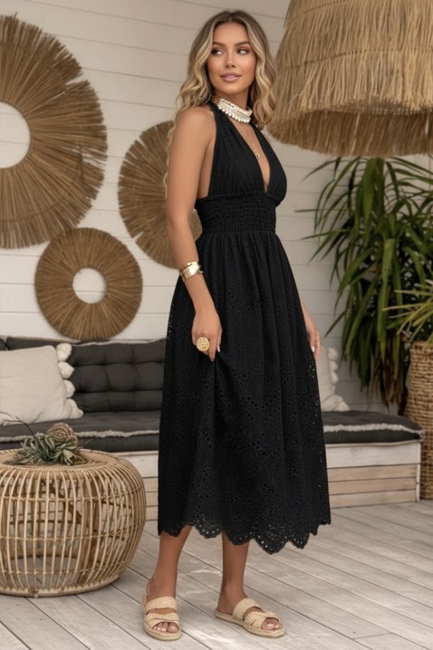 Sukienka midi z odkrytymi plecami i ażurowym haftem w stylu boho MELEKA BLACK, Kolor : czarny, IVET.PL - Modna odzież