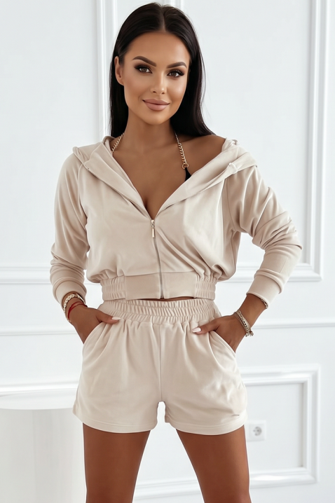Damski komplet sportowy z krótką bluzą i spodenkami VELURA BEIGE, Kolor :  beżowy, IVET.PL - Modna odzież
