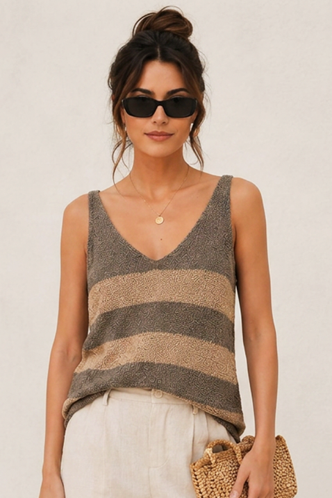 Damski top w paski o luźnym kroju z dekoltem w serek MIRANELA KHAKI, Kolor : khaki, IVET.PL - Modna odzież