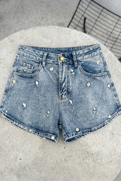 Damskie szorty jeansowe z haftowanymi motywami kwiatowymi FLORINIA, Kolor : denim, IVET.PL - Modna odzież