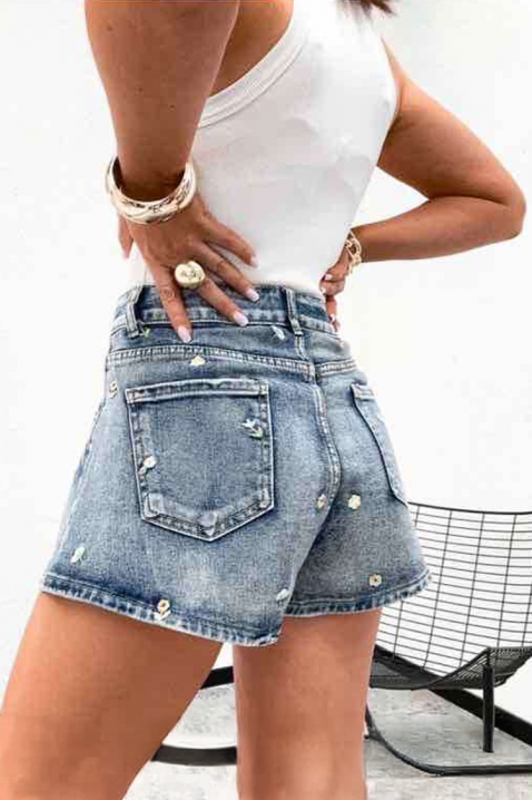 Damskie szorty jeansowe z haftowanymi motywami kwiatowymi FLORINIA, Kolor : denim, IVET.PL - Modna odzież