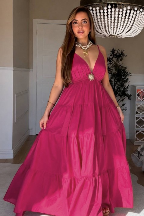 Zwiewna sukienka maxi z głębokim dekoltem w serek i ozdobnym akcentem ARELIANA FUCHSIA, Kolor : fuksja, IVET.PL - Modna odzież