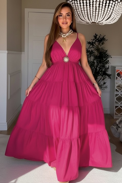 Zwiewna sukienka maxi z głębokim dekoltem w serek i ozdobnym akcentem ARELIANA FUCHSIA, Kolor : fuksja, IVET.PL - Modna odzież