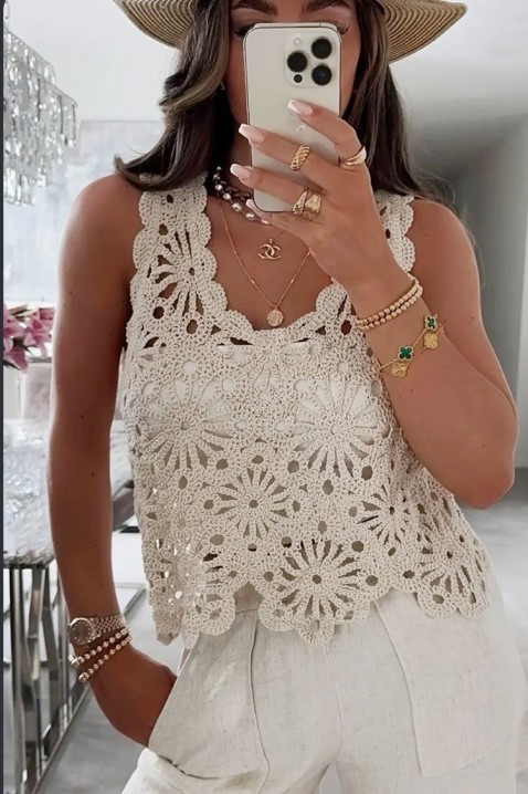 Dzianinowy top damski z kwiatowymi detalami w stylu retro JELIRA BEIGE, Kolor :  beżowy, IVET.PL - Modna odzież