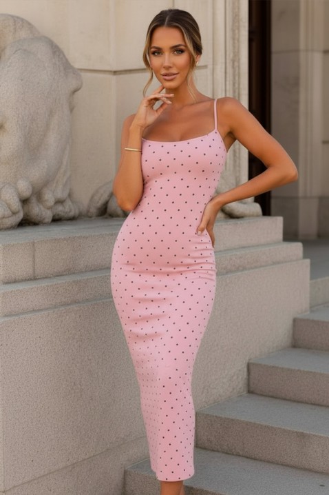 Dopasowana sukienka midi w groszki na cienkich ramiączkach JERONIMA PINK, Kolor : różowy, IVET.PL - Modna odzież
