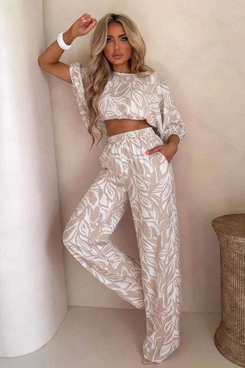 Komplet damski z krótkim topem i szerokimi spodniami w artystyczny kwiatowy wzór EMELIANA BEIGE, Kolor :  beżowy, IVET.PL - Modna odzież