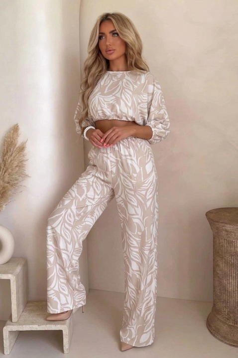 Komplet damski z krótkim topem i szerokimi spodniami w artystyczny kwiatowy wzór EMELIANA BEIGE, Kolor :  beżowy, IVET.PL - Modna odzież