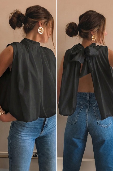 Elegancki damski top z odkrytymi plecami i gustowną wstążką NERINITA BLACK, Kolor : czarny, IVET.PL - Modna odzież