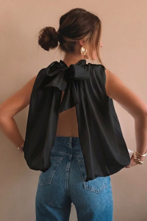 Elegancki damski top z odkrytymi plecami i gustowną wstążką NERINITA BLACK, Kolor : czarny, IVET.PL - Modna odzież