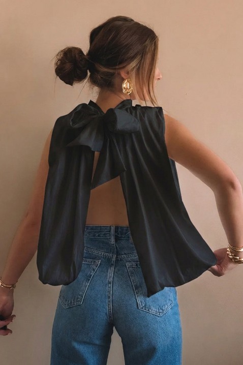 Elegancki damski top z odkrytymi plecami i gustowną wstążką NERINITA BLACK, Kolor : czarny, IVET.PL - Modna odzież