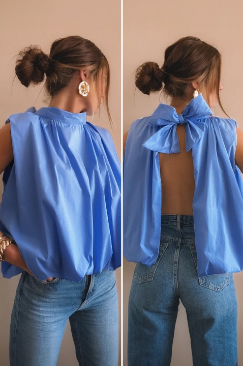Elegancki damski top z odkrytymi plecami i gustowną wstążką NERINITA BLUE, Kolor : chabrowy, IVET.PL - Modna odzież